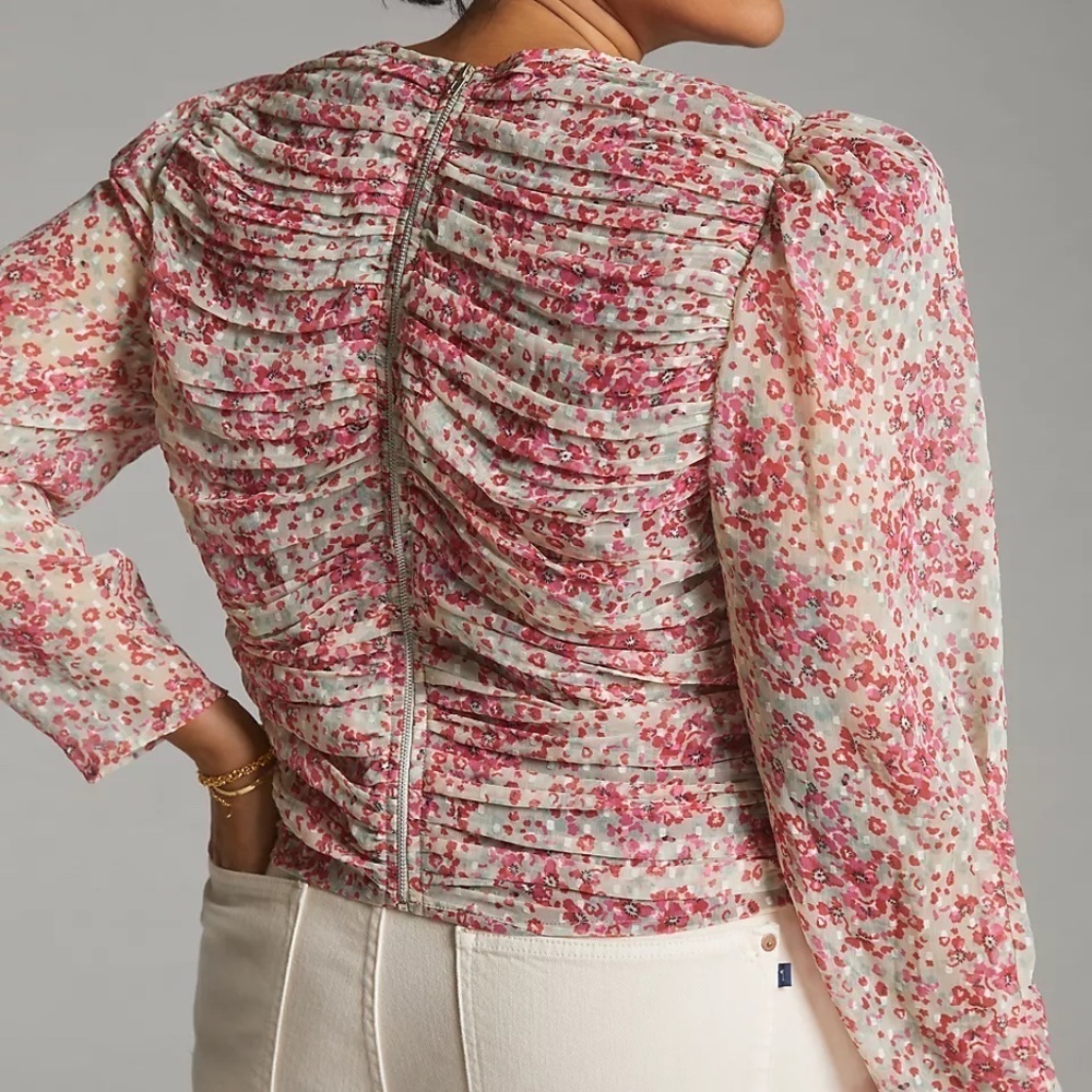 NWT Anthropologie  Let Me Be Ruched Floral Puff Sleeve Blouse XL - Picture 3 of 6